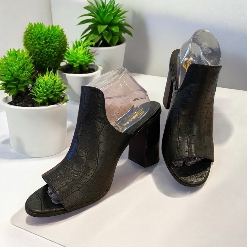 Seven 7 Isabella Crocodile Embossed Mules Heels Women's 10 Slip On Heel Peep Toe